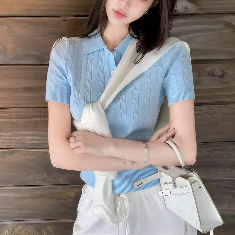POLO 칼라 마 무늬 니트 반팔 부드럽다 스웨터 여름 자수 트위스트 꽃 티셔츠 느슨함 연령 감소 슬림해 보이는 맨위 상세 이미지 2