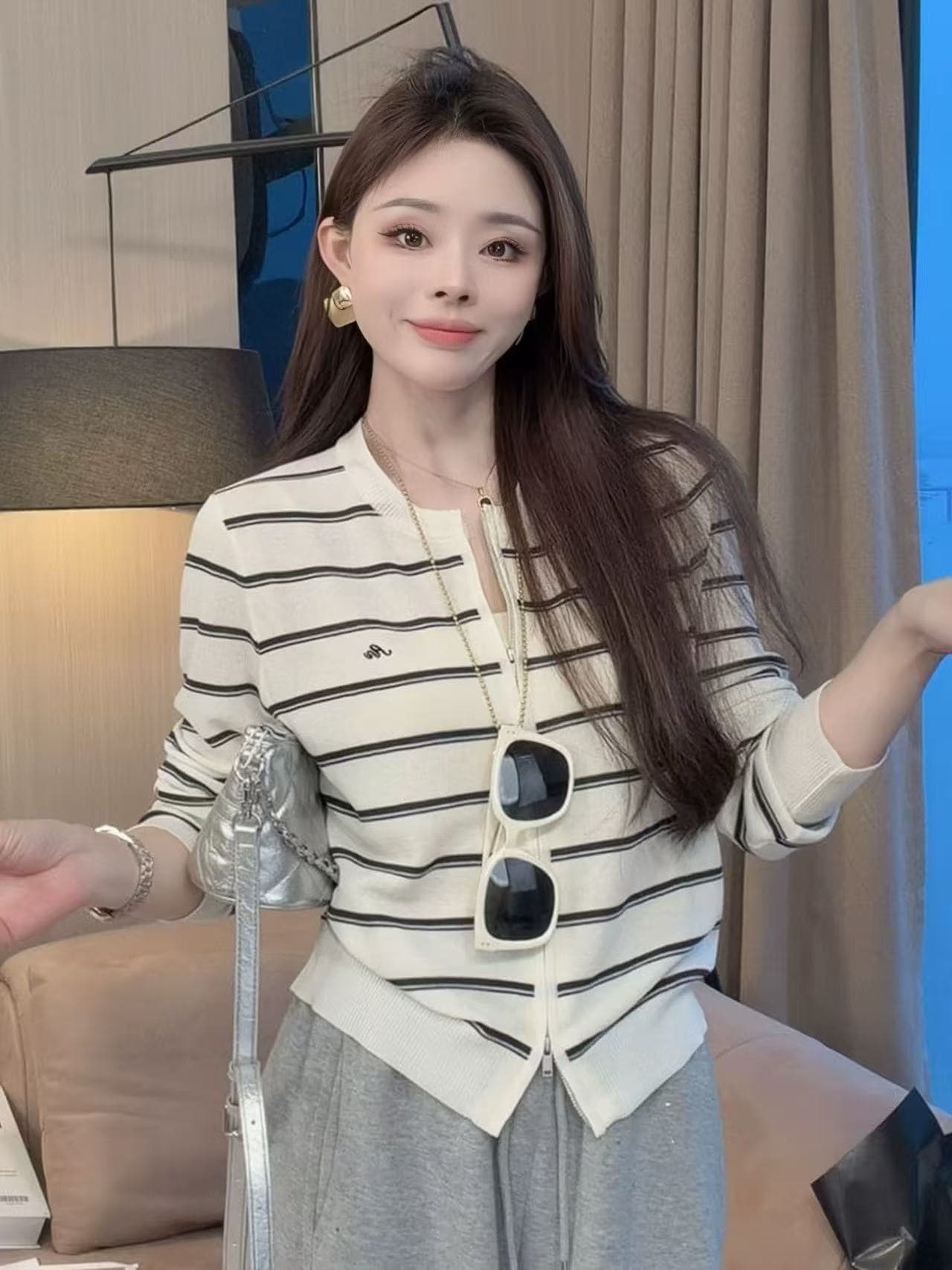 한 부서 느긋한 바람 패션 스트라이프 니트 오픈 가디건 여성 코트 봄 여름 새로운 자이언트 잘 생긴 ~ 중 자외선 차단 긴팔 맨위 상세 이미지 1