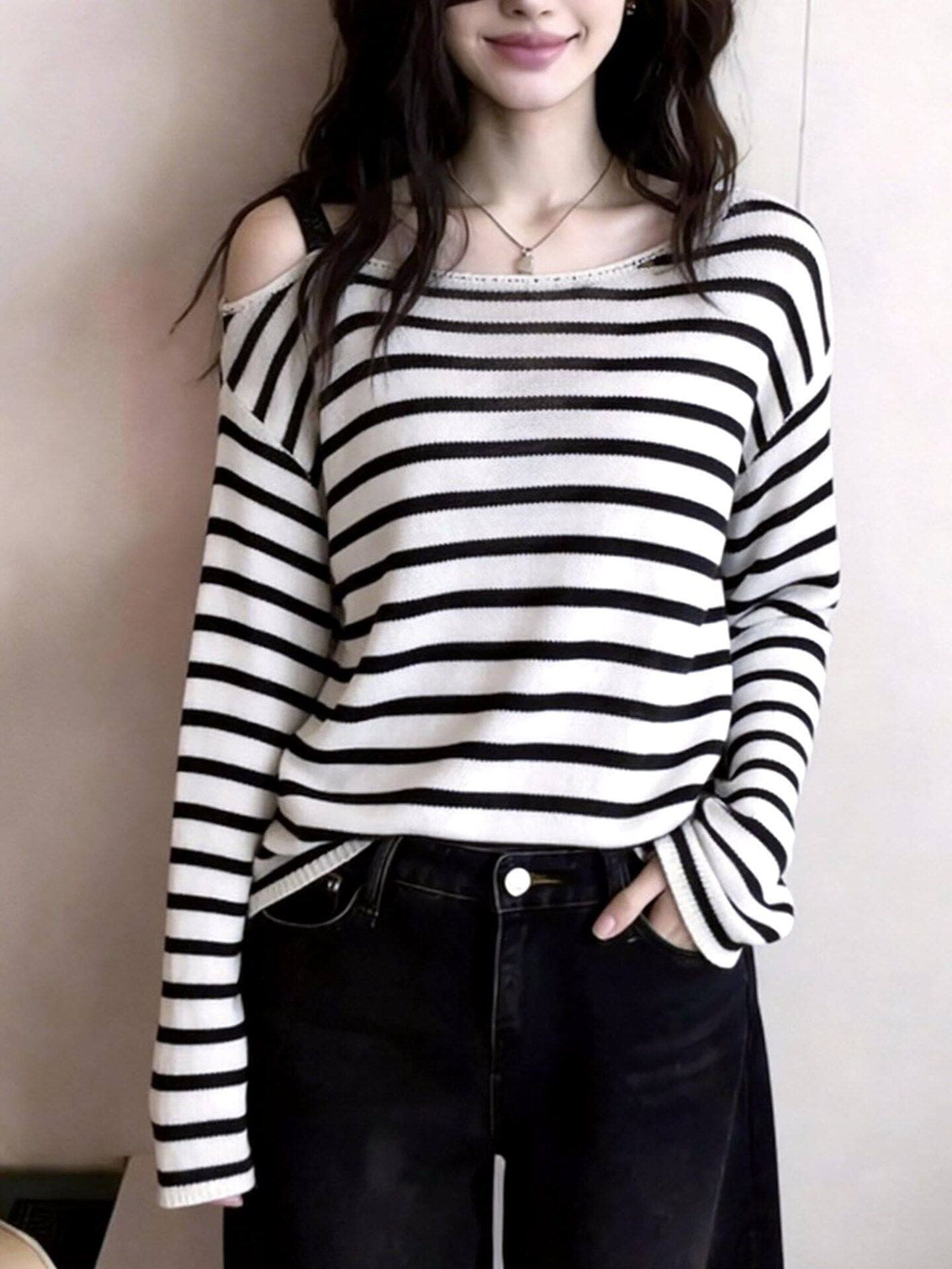 프랑스식 고급 센스 스트라이프 오프숄더 긴팔 티셔츠 여성 봄 디자인 센스 작은 대중 Chic 작은 심장 기계 루즈핏 맨위 상세 이미지 3