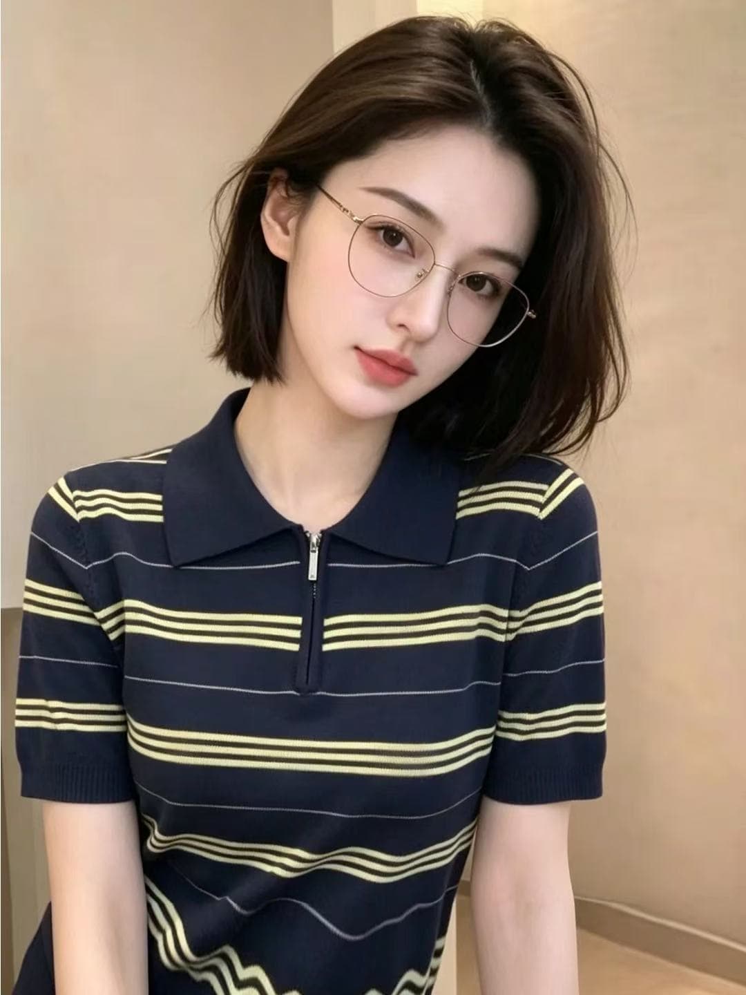 고유 한 슈퍼 잘 생긴 반팔 맨위 여성 2026 여름 새로운 작은 대중 디자인 센스 몸매 가꾸기 스트라이프 셔츠 칼라 니트 스웨터 상세 이미지 3