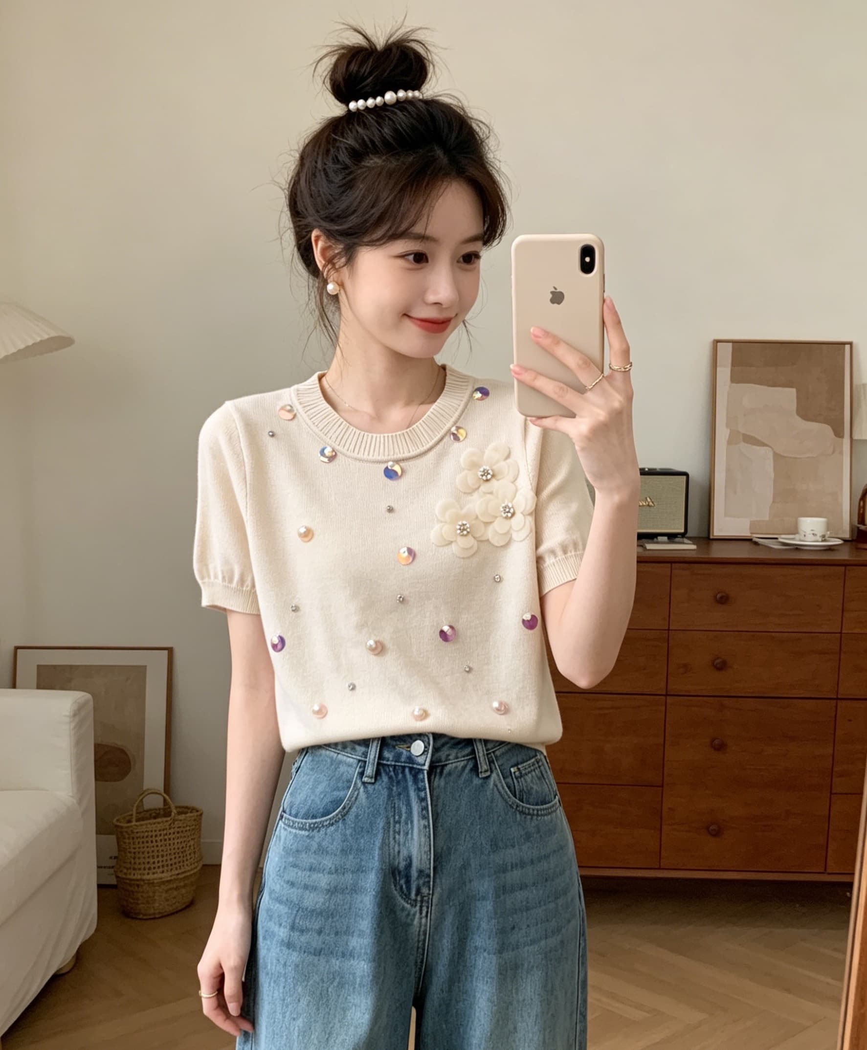 빛 럭셔리 무거운 작업 3 차원 꽃 비즈 박기 반팔 티셔츠 여성 의류 여름 새로운 단색 라운드 넥 다용도 슬림해 보이는 맨위 상세 이미지 11