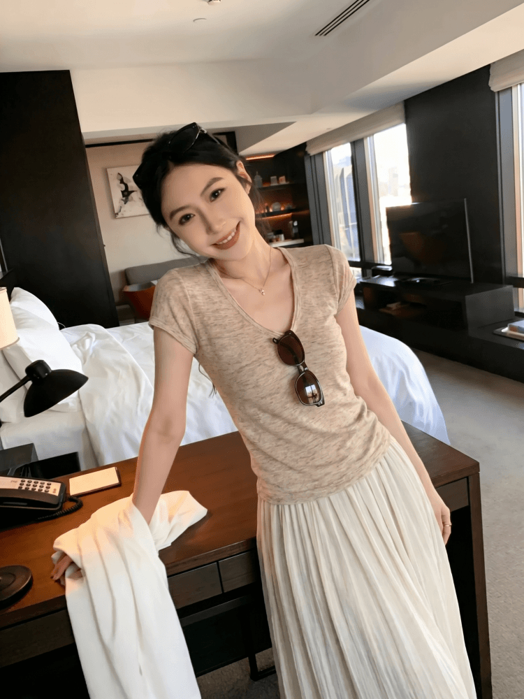 오래된 돈 바람 회색 u 칼라 긍정적 인 어깨 반팔 티셔츠 여성 여름 미니멀리즘 캐주얼 몸매 가꾸기 슬림해 보이는 다용도 니트 스웨터 맨위 상세 이미지 4