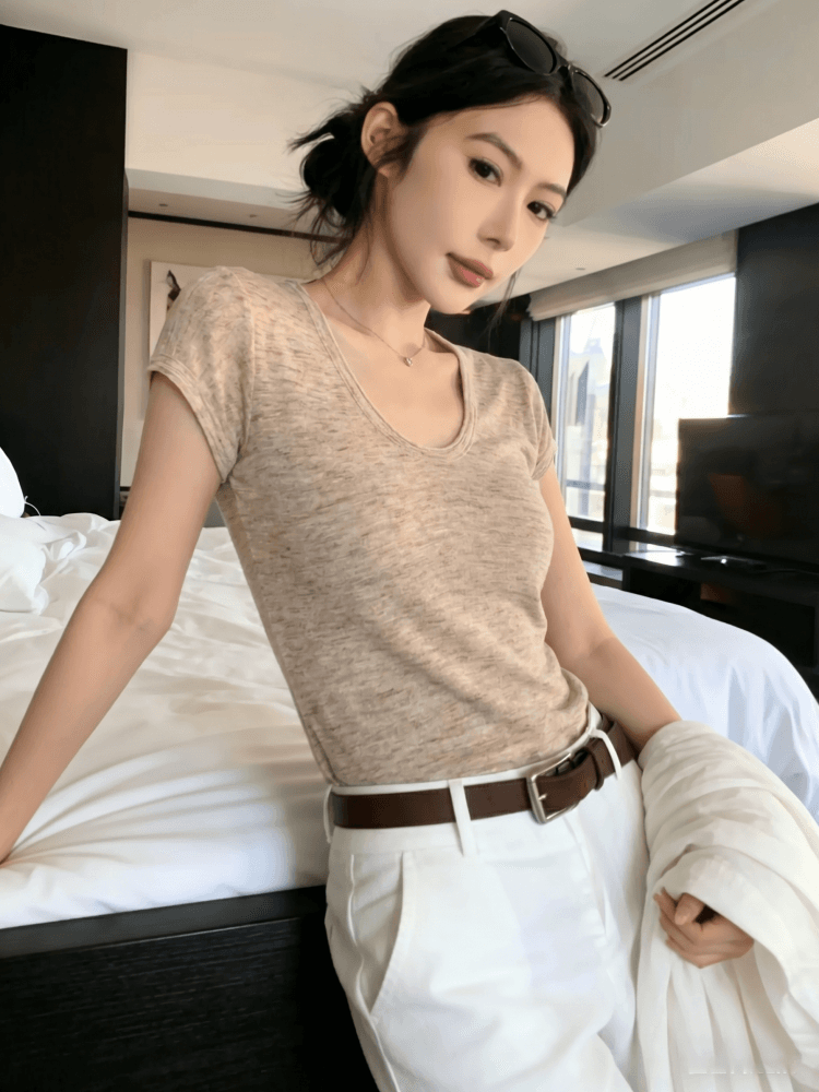오래된 돈 바람 회색 u 칼라 긍정적 인 어깨 반팔 티셔츠 여성 여름 미니멀리즘 캐주얼 몸매 가꾸기 슬림해 보이는 다용도 니트 스웨터 맨위 상세 이미지 9