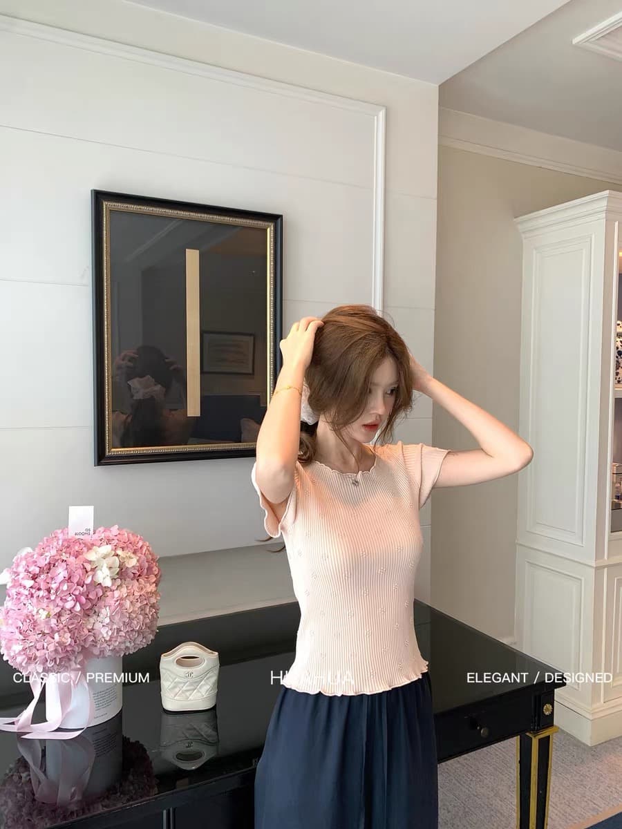 꽃 작은 꽃 우유 쾅 여름 한 세대 품격 높음 끈끈한 더블 노래 레이스 편안함 몸매 가꾸기 반팔 니트 티셔츠 상세 이미지 2