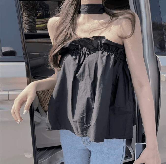핑크색 행침 목 조끼 슬립 여성 여름 외출용 루즈핏 홀로우 아웃 오프숄더 백리스 쇄골 맨위 상세 이미지 33