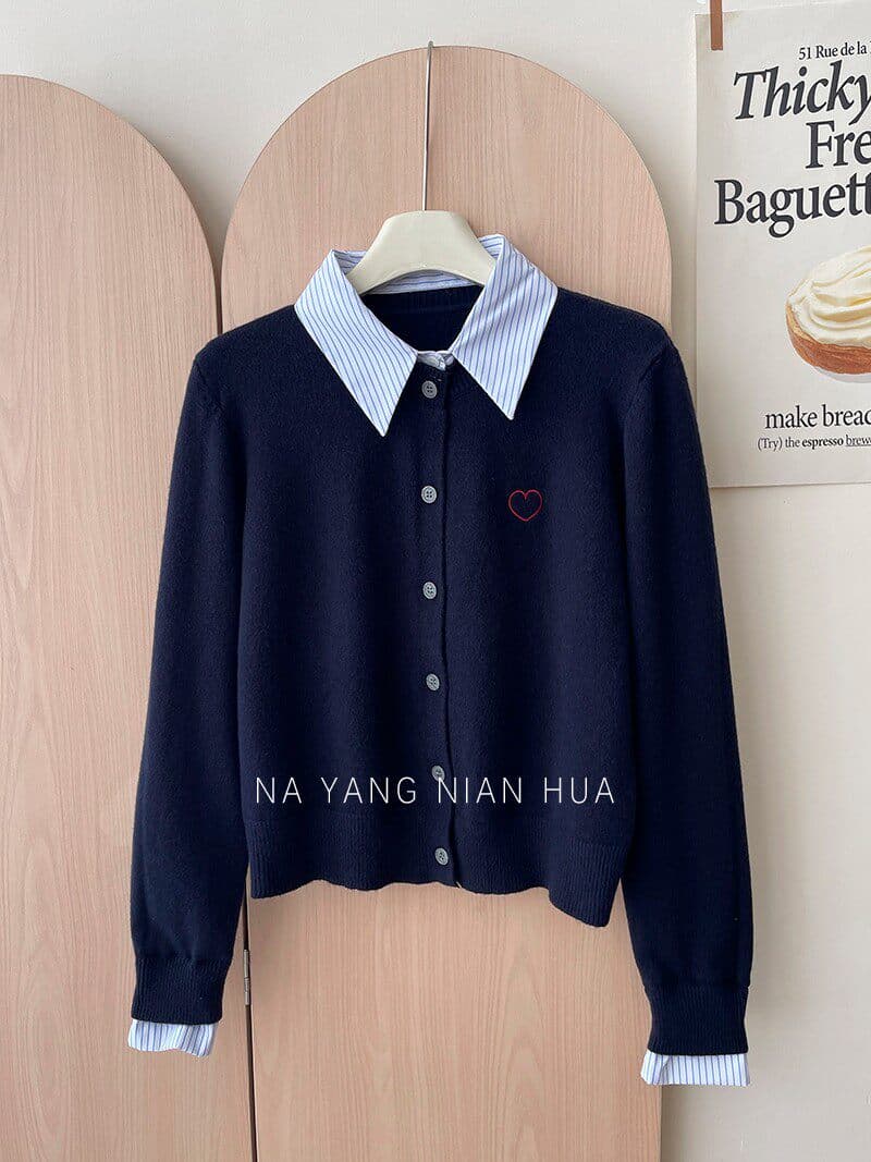 POLO 셔츠 스트라이프 칼라 패치워크 니트 페이크 레이어드 오픈 가디건 이른 가을 스택 착용 재킷 하트 자수 캐주얼 섹션 맨위 상세 이미지 4