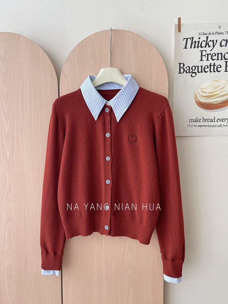 POLO 셔츠 스트라이프 칼라 패치워크 니트 페이크 레이어드 오픈 가디건 이른 가을 스택 착용 재킷 하트 자수 캐주얼 섹션 맨위 상세 이미지 9