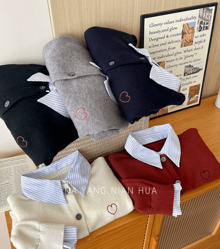 POLO 셔츠 스트라이프 칼라 패치워크 니트 페이크 레이어드 오픈 가디건 이른 가을 스택 착용 재킷 하트 자수 캐주얼 섹션 맨위 상세 이미지 10