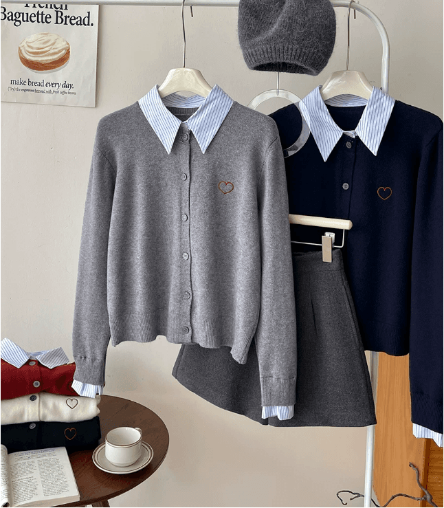 POLO 셔츠 스트라이프 칼라 패치워크 니트 페이크 레이어드 오픈 가디건 이른 가을 스택 착용 재킷 하트 자수 캐주얼 섹션 맨위 상세 이미지 12