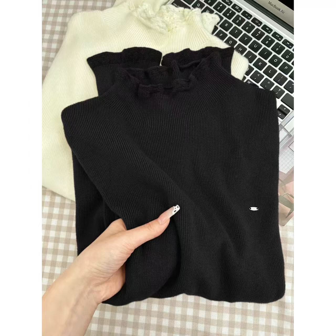 프랑스식 절묘한 miu 부서 프릴 기본 셔츠 여성 의류 가을 겨울 반하이넥 인사이드 가져 가라. 스웨터 긴팔 니트 맨위 상세 이미지 15