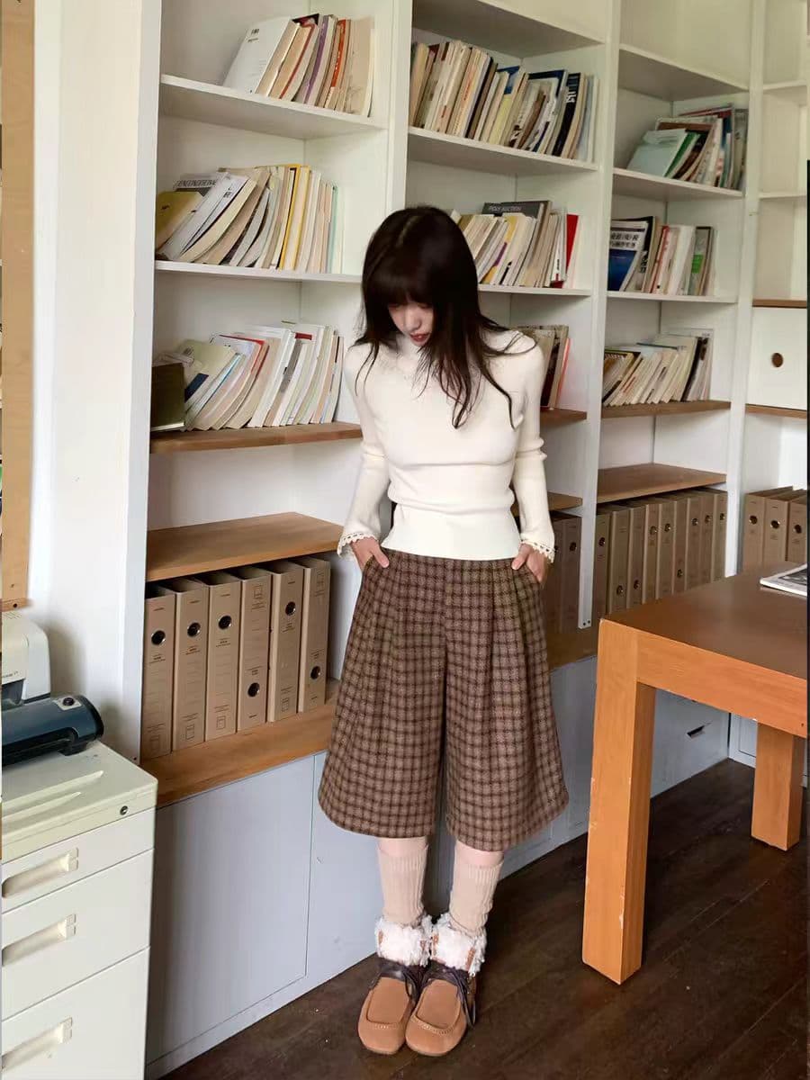 장면 페이지 페이지 베이지 색 가을 겨울 다용도 긴팔 몸매 가꾸기 신축성 니트 자카드 레이스 나팔 소매 스웨터 기본 셔츠 상세 이미지 4