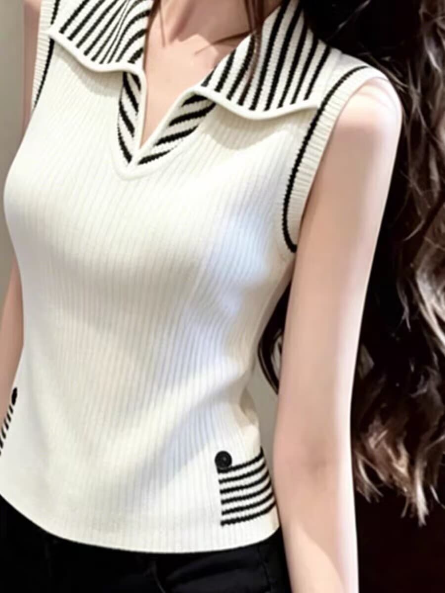 패션 디자인 센스 베이지 색 스트라이프 POLO 칼라 민소매 니트 조끼 여성 여름 새로운 오래된 돈 바람 풀오버 셔츠 상세 이미지 12