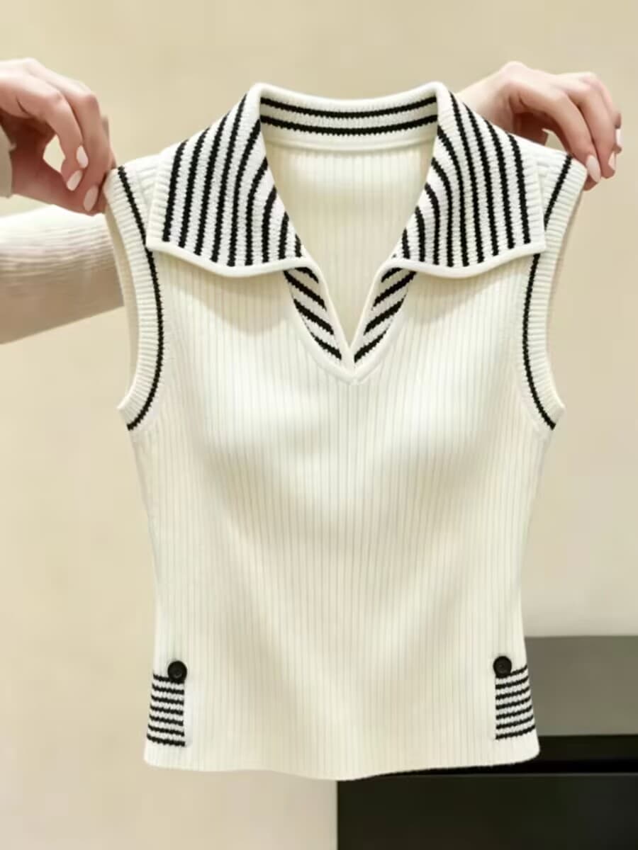 패션 디자인 센스 베이지 색 스트라이프 POLO 칼라 민소매 니트 조끼 여성 여름 새로운 오래된 돈 바람 풀오버 셔츠 상세 이미지 14