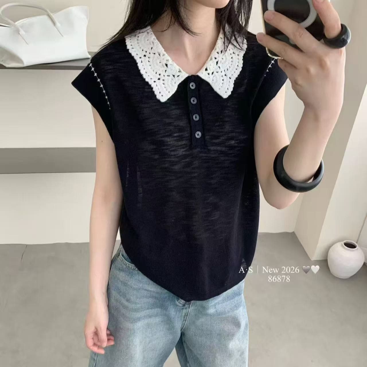 한 부서 자수 홀로우 아웃 베이비 칼라 스트라이프 니트 스웨터 여성 민소매 여름 새로운 패션 다용도 슬림해 보이는 맨위 이미지 5