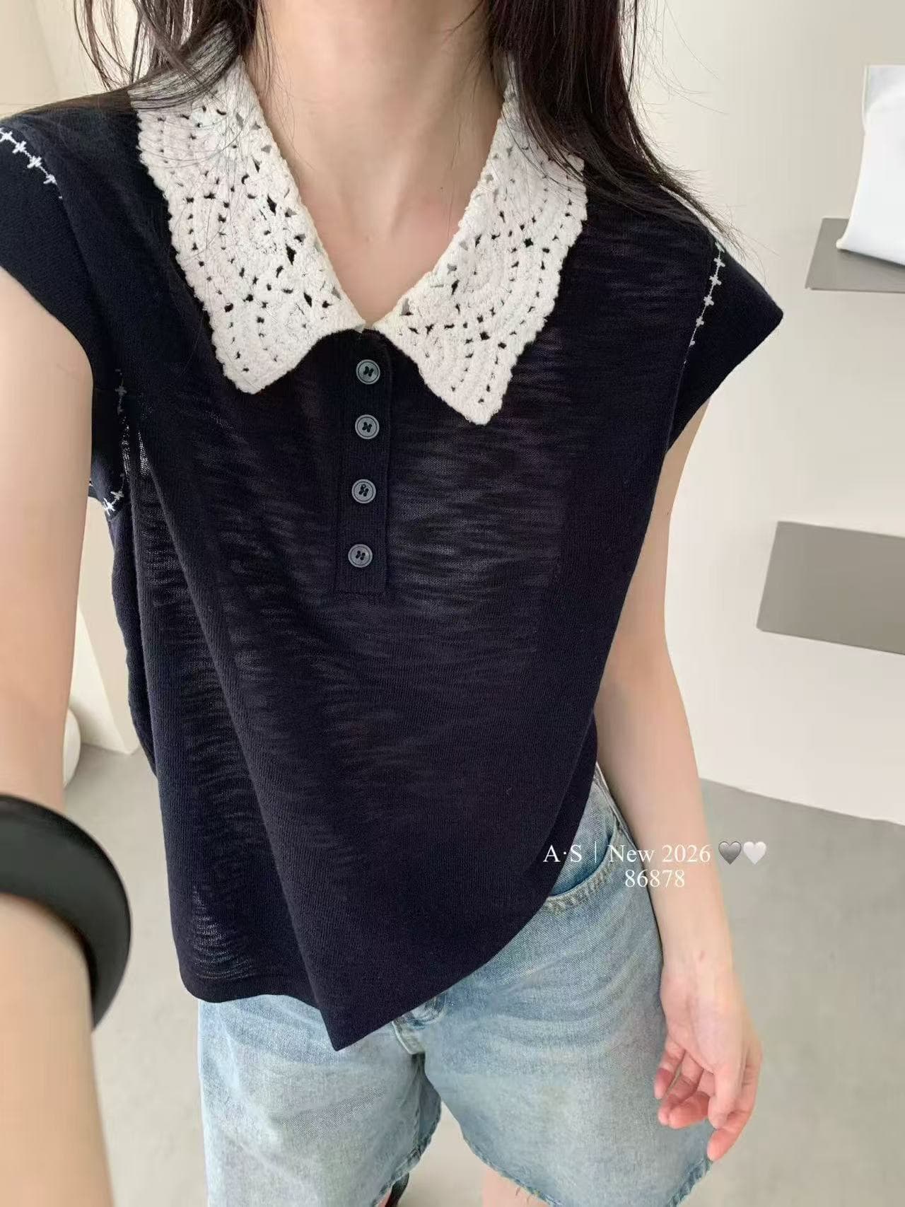 한 부서 자수 홀로우 아웃 베이비 칼라 스트라이프 니트 스웨터 여성 민소매 여름 새로운 패션 다용도 슬림해 보이는 맨위 상세 이미지 4