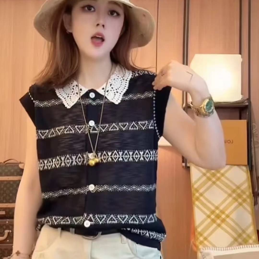 유럽 상품 레이스 POLO 칼라 스트라이프 민소매 니트 스웨터 여성 2026 여름 새로운 한 부서 아름다운 작은 날다 소매 맨위 이미지 5