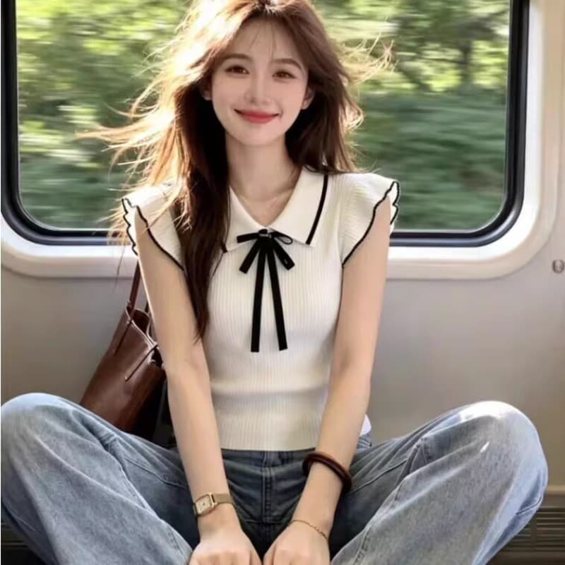 보존 섹션 추천 배색 나비 매듭 작은 날다 소매 짠 셔츠 여성 여름 새로운 품격 부드러운 작은 대중 맨위 이미지 5