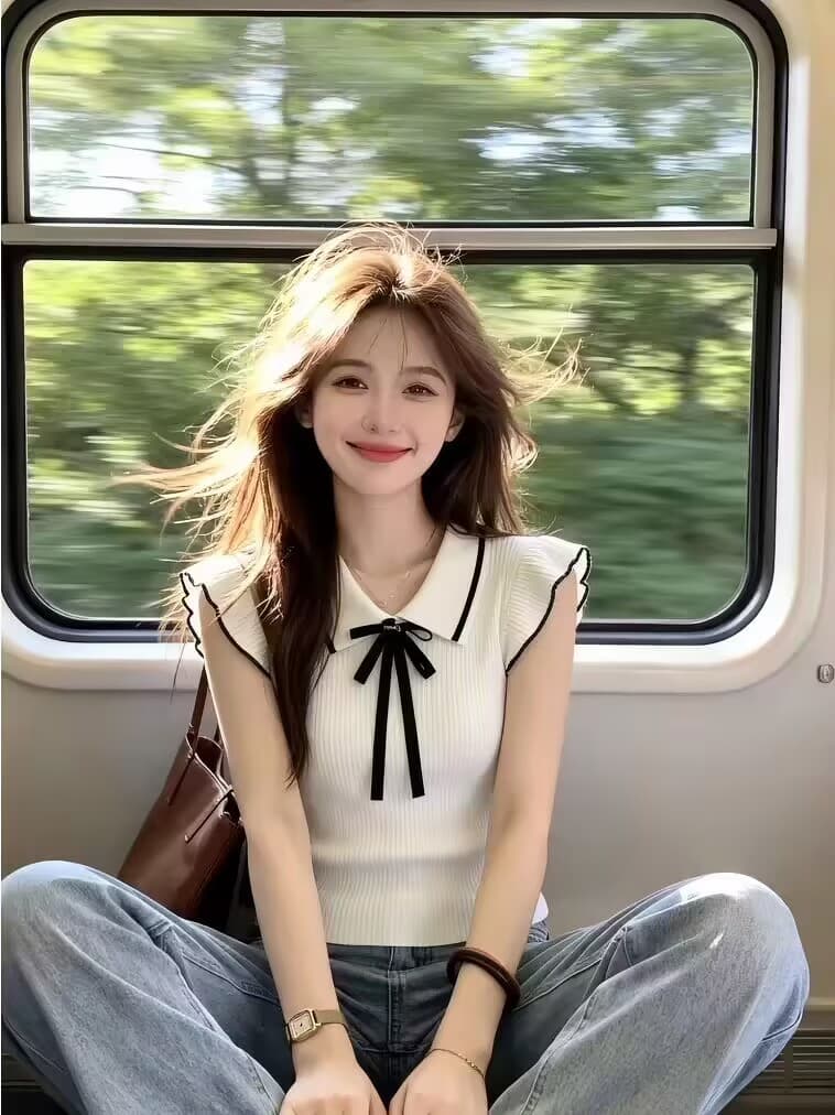보존 섹션 추천 배색 나비 매듭 작은 날다 소매 짠 셔츠 여성 여름 새로운 품격 부드러운 작은 대중 맨위 상세 이미지 5