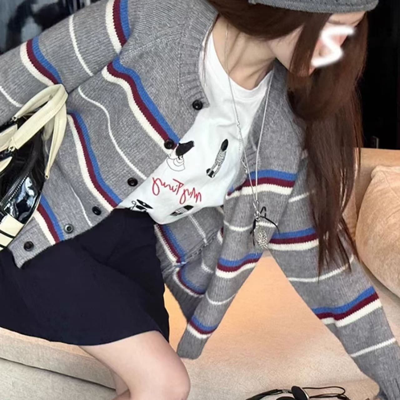 아메리칸 레트로 배색 스트라이프 니트 오픈 가디건 여성 가을 겨울 새로운 느긋한 바람 루즈핏 다용도 슬림해 보이는 스웨터 코트 이미지 5