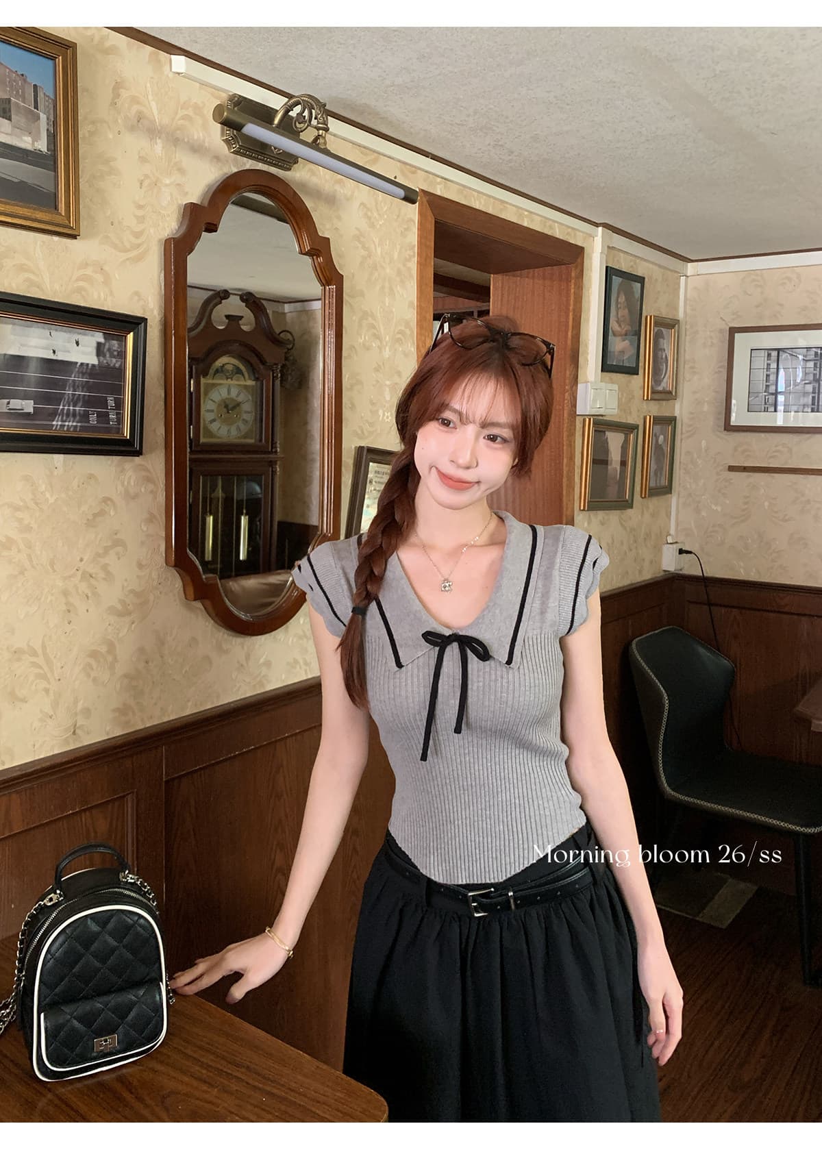 한 부서 배색 폴로 칼라 반팔 니트 스웨터 여성 의류 여름 순수한 욕망 학원 스타일 몸매 가꾸기 허리 수축 쇼트 스타일 티셔츠 맨위 상세 이미지 24
