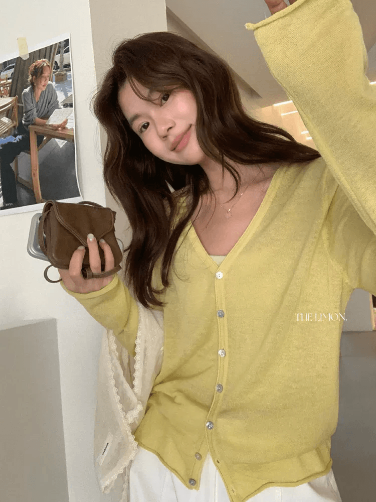 the lemon 레몬 녹차 한 부서 품격 종류 아마 조개 버클 자외선 차단 니트 오픈 가디건 맨위 여성 의류 이미지 4