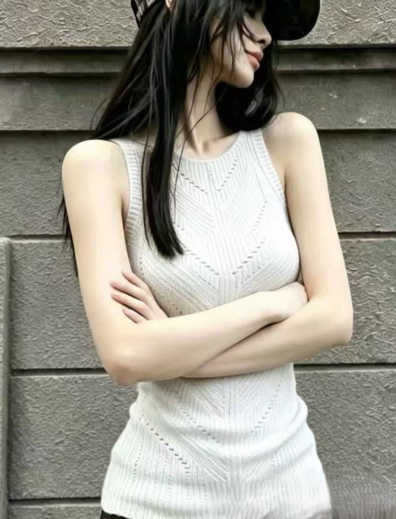아메리칸 레트로 핫걸 바람 카키 색 고유 한 니트 조끼 여성 봄 여름 민소매 허리 수축 디스플레이 커브 다용도 맨위 이미지 4
