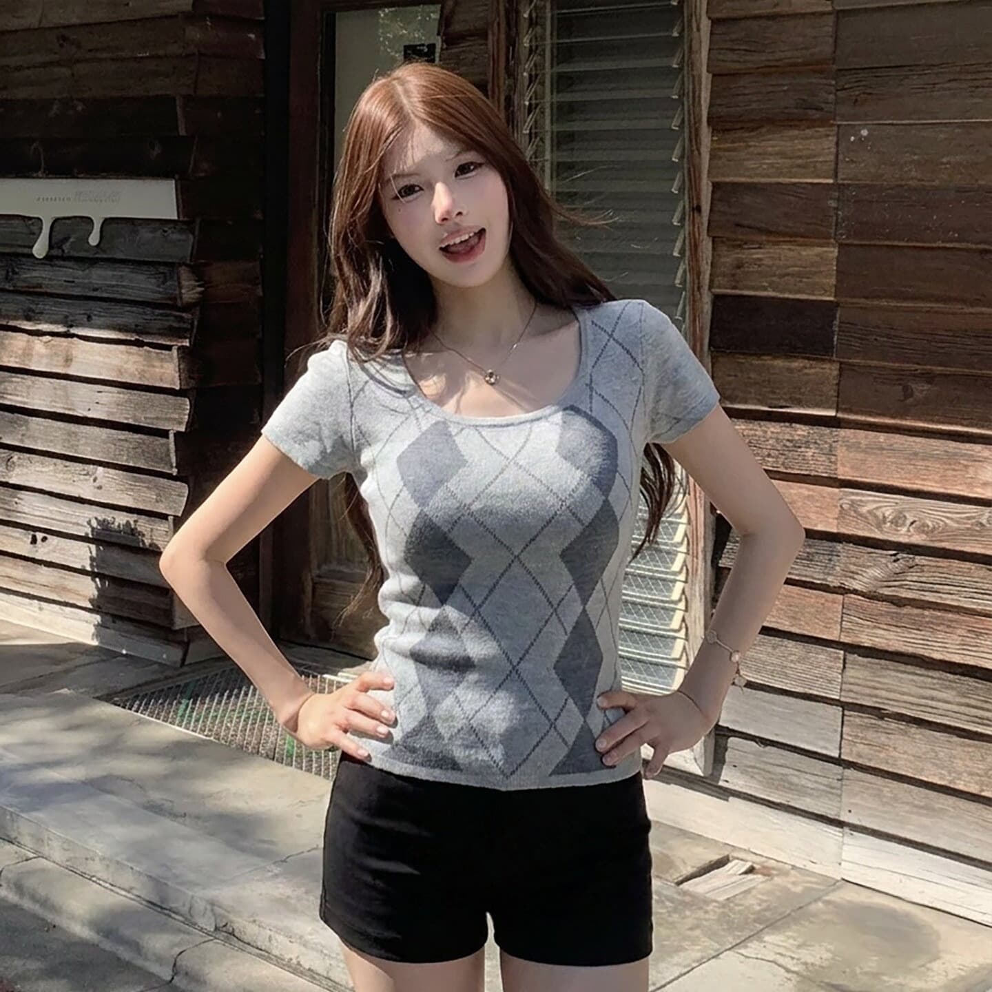 순수한 욕망 바람 살구 색상 라운드 넥 링 그리드 니트 스웨터 여성 의류 2026 여름 Chic 다용도 슬림해 보이는 반팔 맨위 이미지 5