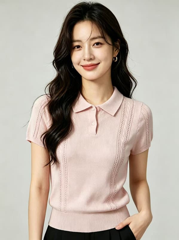 여성 의류 한 부서 POLO 칼라 반팔 니트 스웨터 2026 여름 캐주얼 품격 편안함 맨위 상세 이미지 2