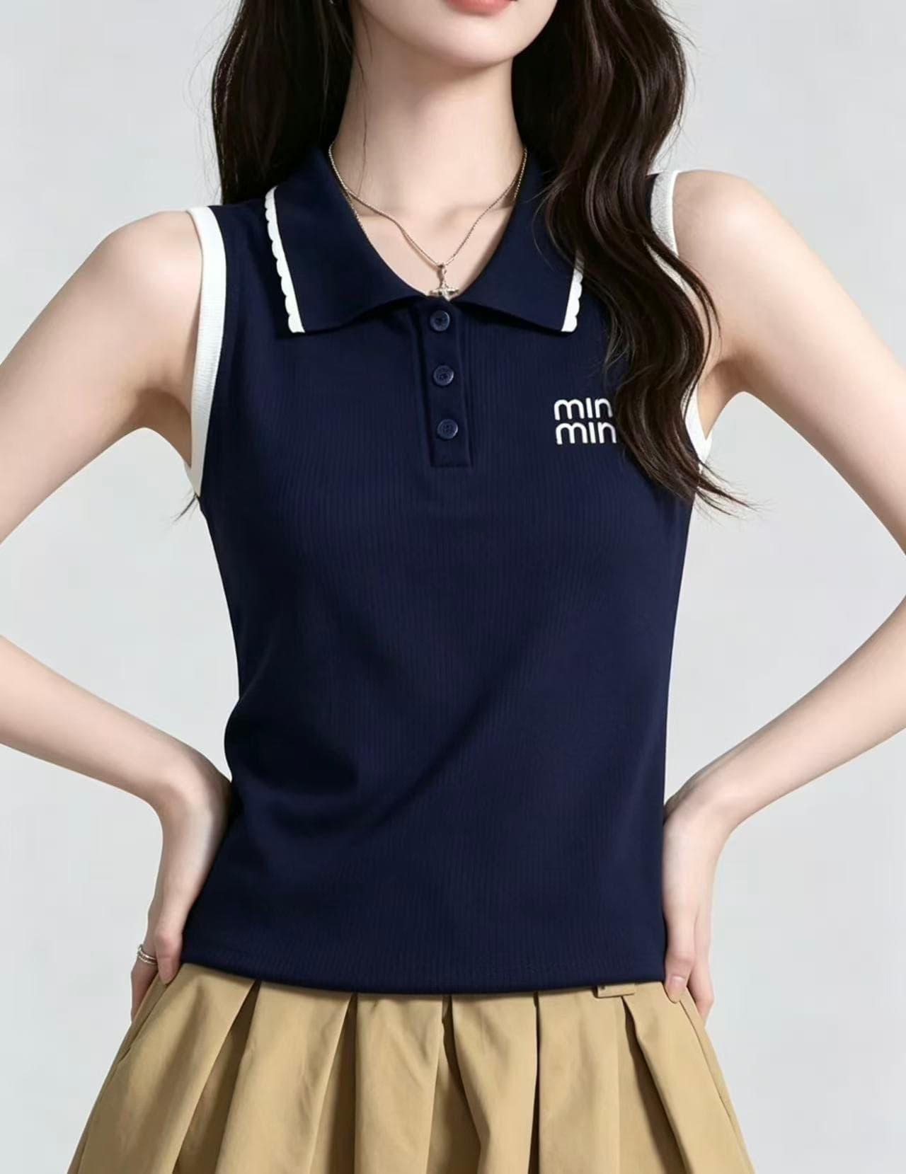 프랑스식 레트로 패치워크 색상 폴로 칼라 니트 캐미솔 여름 디자인 센스 작은 대중 품격 외출용 민소매 조끼 이미지 2