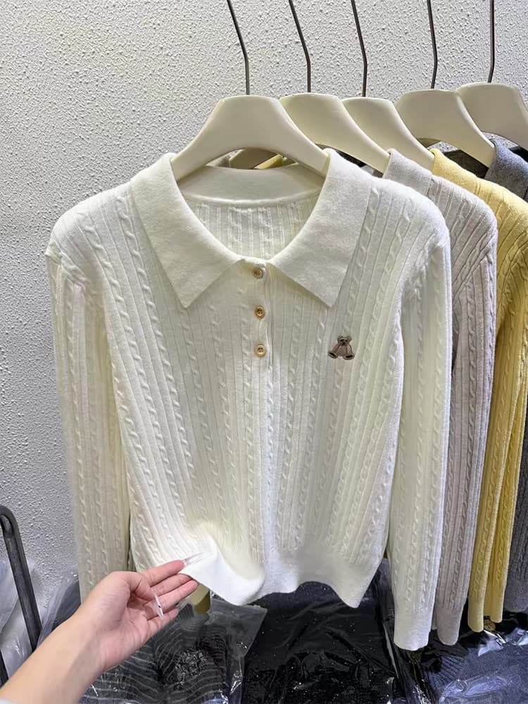 한 부서 학원 스타일 POLO 칼라 스웨터 긴팔 니트 스웨터 여성 가을 겨울 새로운 작은 곰 자수 인사이드 가져 가라. 만나는 맨위 상세 이미지 2