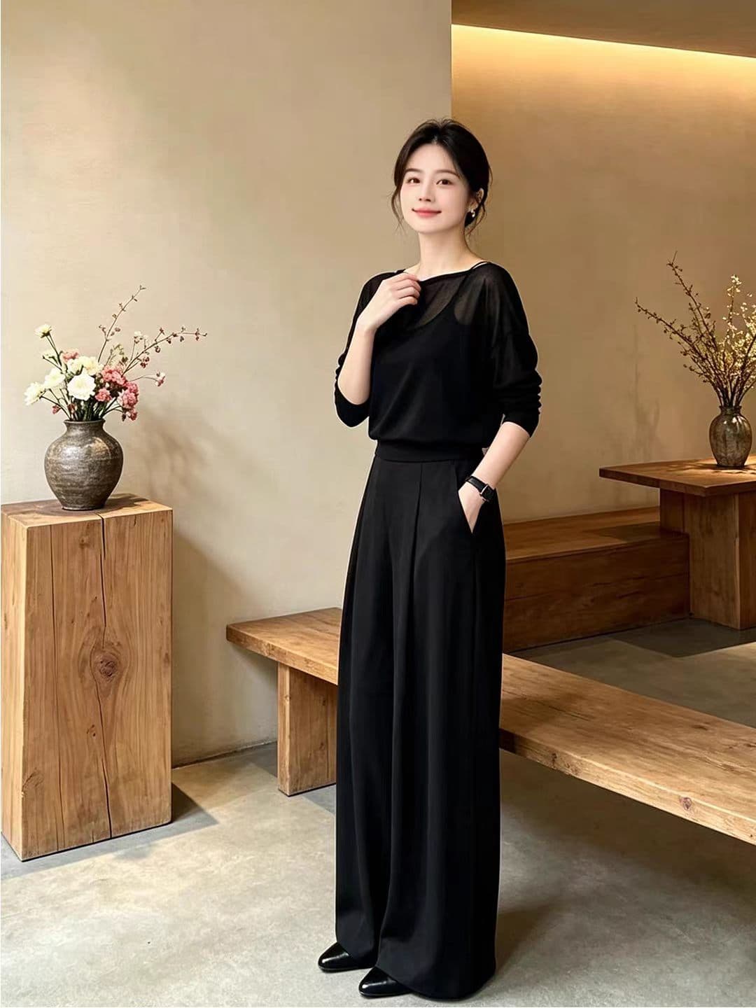 고급 센스 패션 패치워크 니트 스트라이프 티셔츠 여름 2026 새로운 라운드 넥 홀로우 아웃 루즈핏 연령 감소 맨위 여성 상세 이미지 6