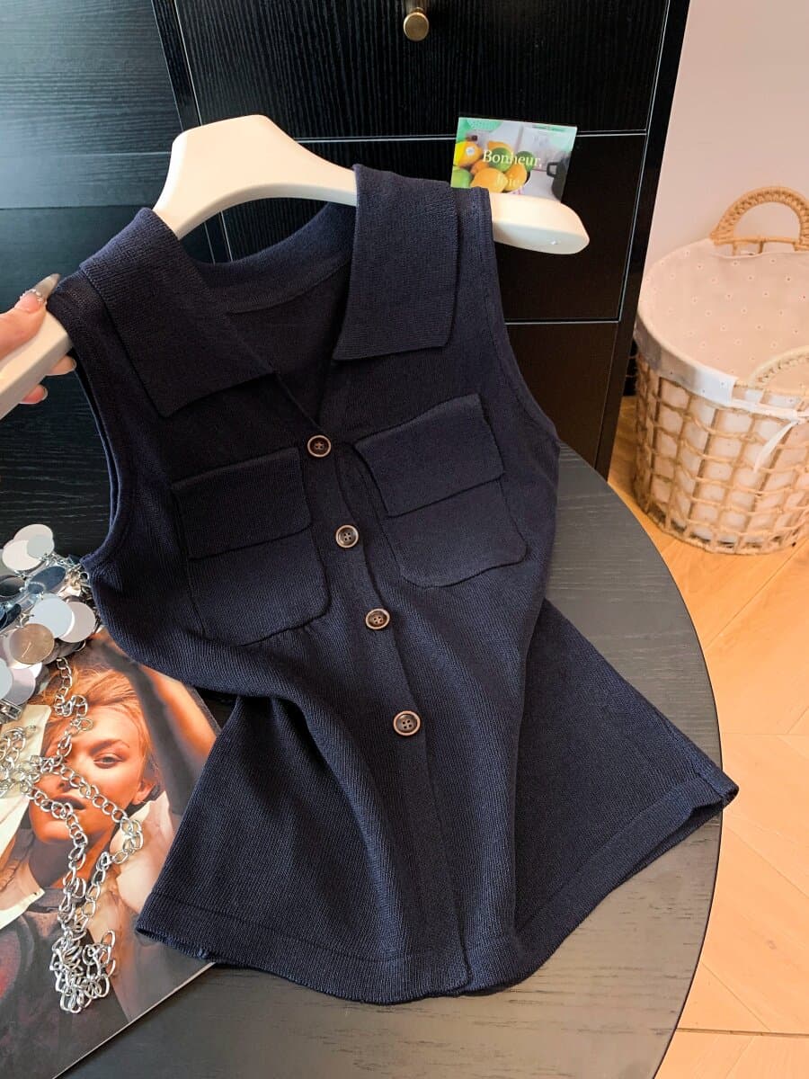 회색 색상 시스템 V넥 민소매 조끼 여성 여름 얇은 스타일 몸매 가꾸기 슬림해 보이는 POLO 셔츠 작은 대중 다용도 얼음 실크 니트 스웨터 상세 이미지 1