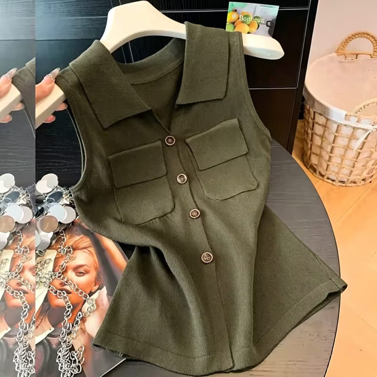 회색 색상 시스템 V넥 민소매 조끼 여성 여름 얇은 스타일 몸매 가꾸기 슬림해 보이는 POLO 셔츠 작은 대중 다용도 얼음 실크 니트 스웨터 상세 이미지 5