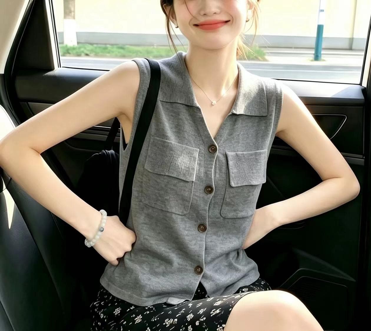 회색 색상 시스템 V넥 민소매 조끼 여성 여름 얇은 스타일 몸매 가꾸기 슬림해 보이는 POLO 셔츠 작은 대중 다용도 얼음 실크 니트 스웨터 상세 이미지 13