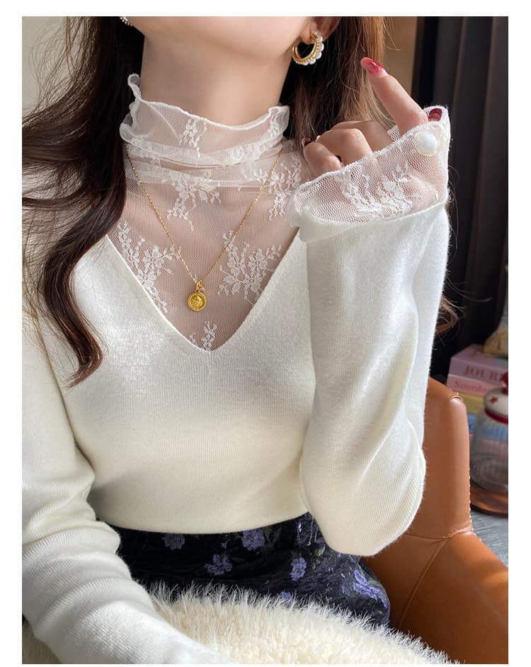 화이트 V넥 페이크 레이어드 레이스 기본 셔츠 여성 인사이드 가져 가라. 2026 가을 새로운 디자인 센스 스웨터 니트 맨위 상세 이미지 12