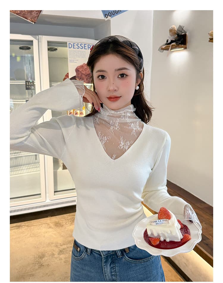 화이트 V넥 페이크 레이어드 레이스 기본 셔츠 여성 인사이드 가져 가라. 2026 가을 새로운 디자인 센스 스웨터 니트 맨위 상세 이미지 15