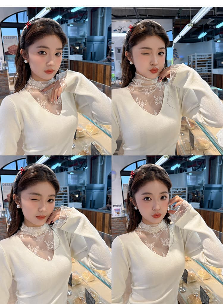 화이트 V넥 페이크 레이어드 레이스 기본 셔츠 여성 인사이드 가져 가라. 2026 가을 새로운 디자인 센스 스웨터 니트 맨위 상세 이미지 16