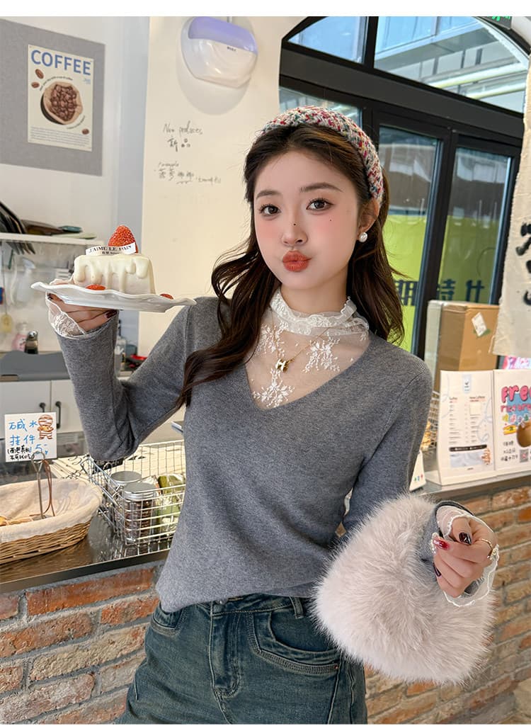 화이트 V넥 페이크 레이어드 레이스 기본 셔츠 여성 인사이드 가져 가라. 2026 가을 새로운 디자인 센스 스웨터 니트 맨위 상세 이미지 25
