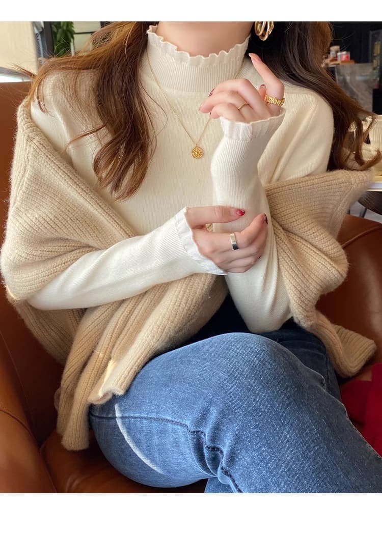 프릴 기본 셔츠 2025 새로운 여성 봄 가을 맨위 레이스 측면 작은 샤넬 스타일 인사이드 가져 가라. 화이트 반하이넥 스웨터 상세 이미지 21