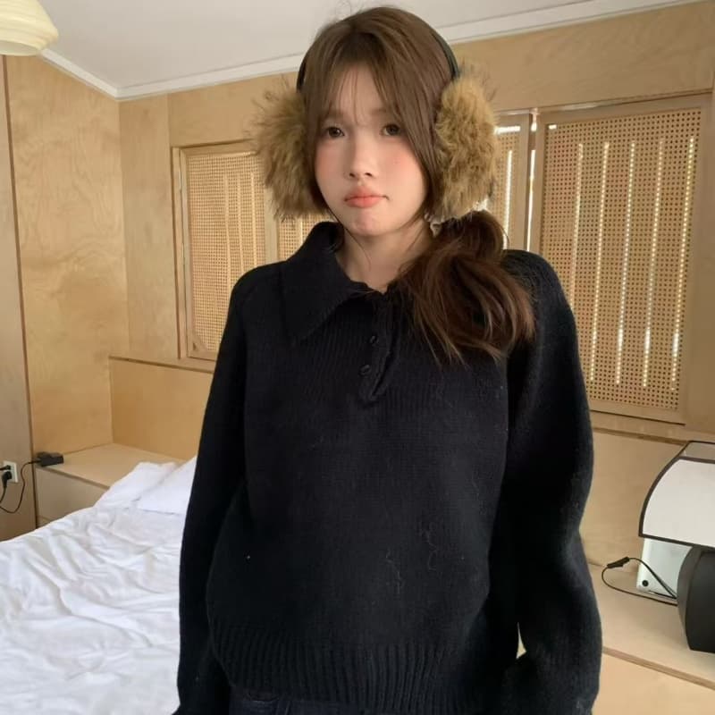 pphome 직접 만든 빛 달콤한 크림 폴로 칼라 스웨터 부서 버클 긴팔 니트 스웨터 여성 루즈핏 다용도 맨위 상세 이미지 7
