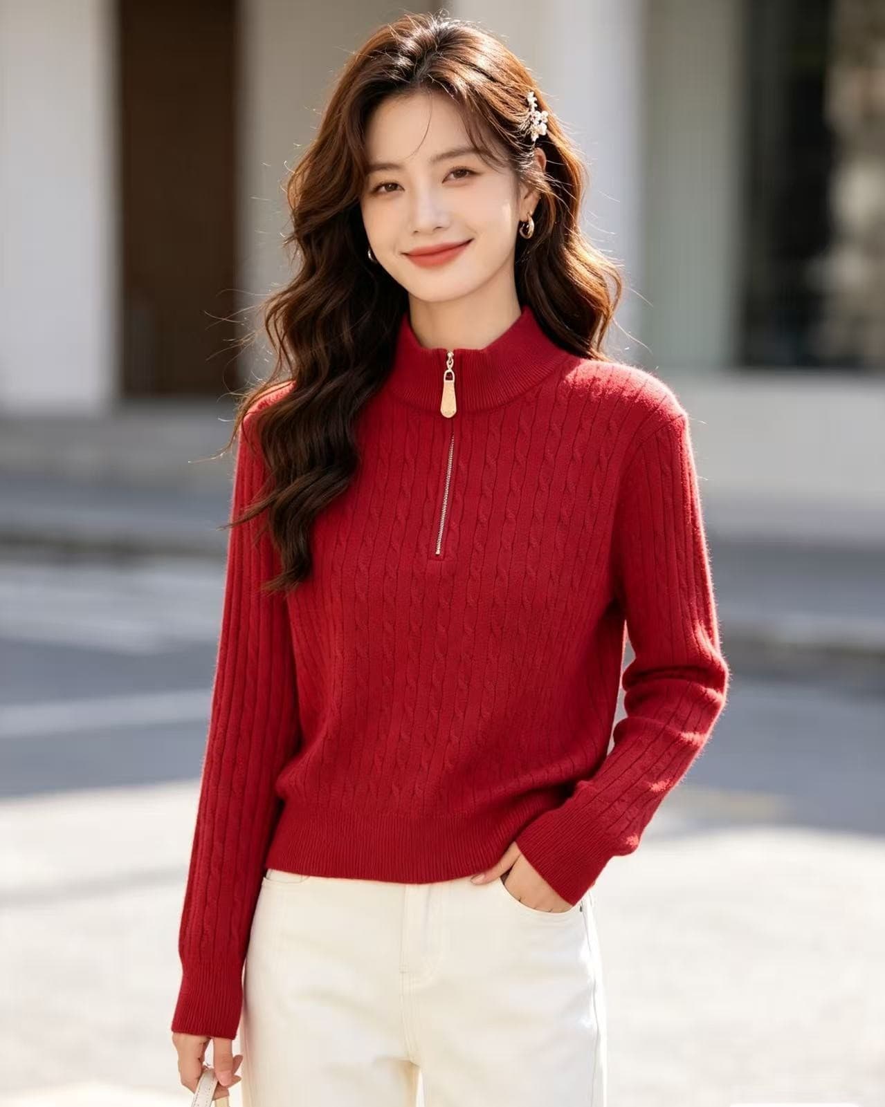 2026 새로운 부드러운 바람 하프 높음 라운드 넥 지퍼 단색 몸매 가꾸기 슬림해 보이는 털 니트 스웨터 여성 이미지 2