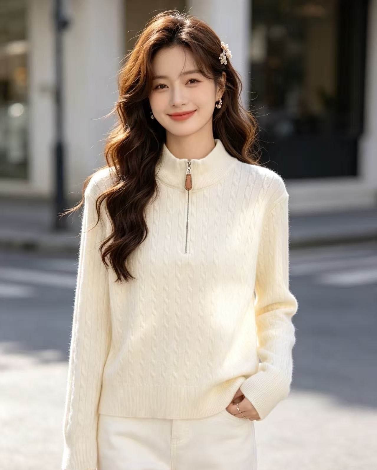 2026 새로운 부드러운 바람 하프 높음 라운드 넥 지퍼 단색 몸매 가꾸기 슬림해 보이는 털 니트 스웨터 여성 상세 이미지 3