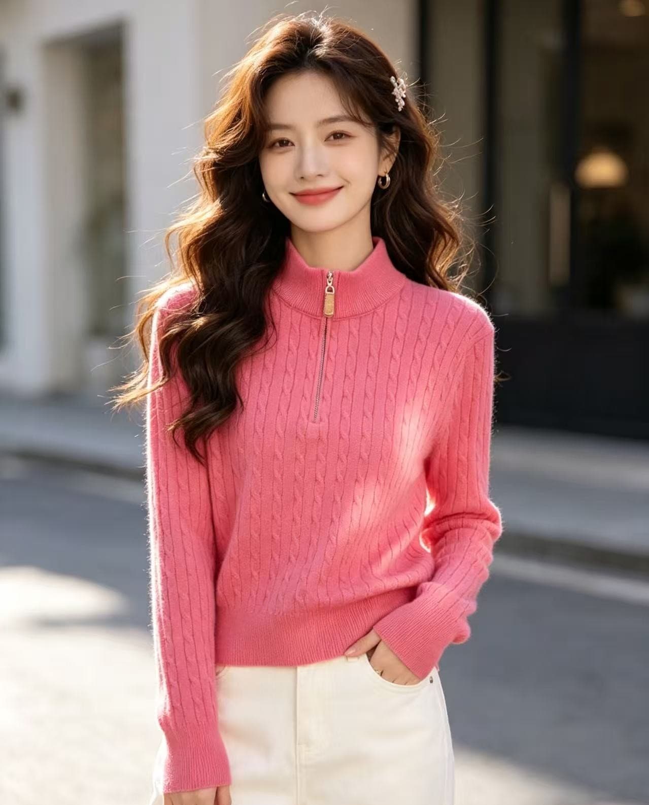 2026 새로운 부드러운 바람 하프 높음 라운드 넥 지퍼 단색 몸매 가꾸기 슬림해 보이는 털 니트 스웨터 여성 상세 이미지 5