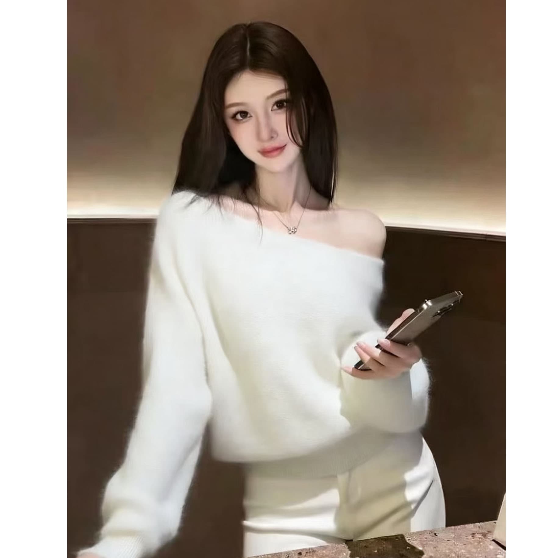 슈퍼 잘 생긴 고유 한 아름다운 프랑스식 부드러운 바람 모방 수달 고급 센스 스웨터 여자 가을 겨울 새로운 오프숄더 맨위 상세 이미지 4