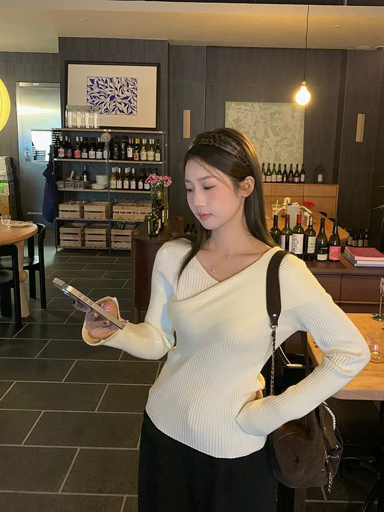 우 77 품격 핑크색 십자가 V넥 니트 스웨터 여성 겨울 몸매 가꾸기 슬림해 보이는 인사이드 가져 가라. 기본 셔츠 긴팔 맨위 새로운 상세 이미지 15