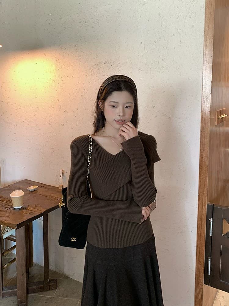우 77 품격 핑크색 십자가 V넥 니트 스웨터 여성 겨울 몸매 가꾸기 슬림해 보이는 인사이드 가져 가라. 기본 셔츠 긴팔 맨위 새로운 상세 이미지 27