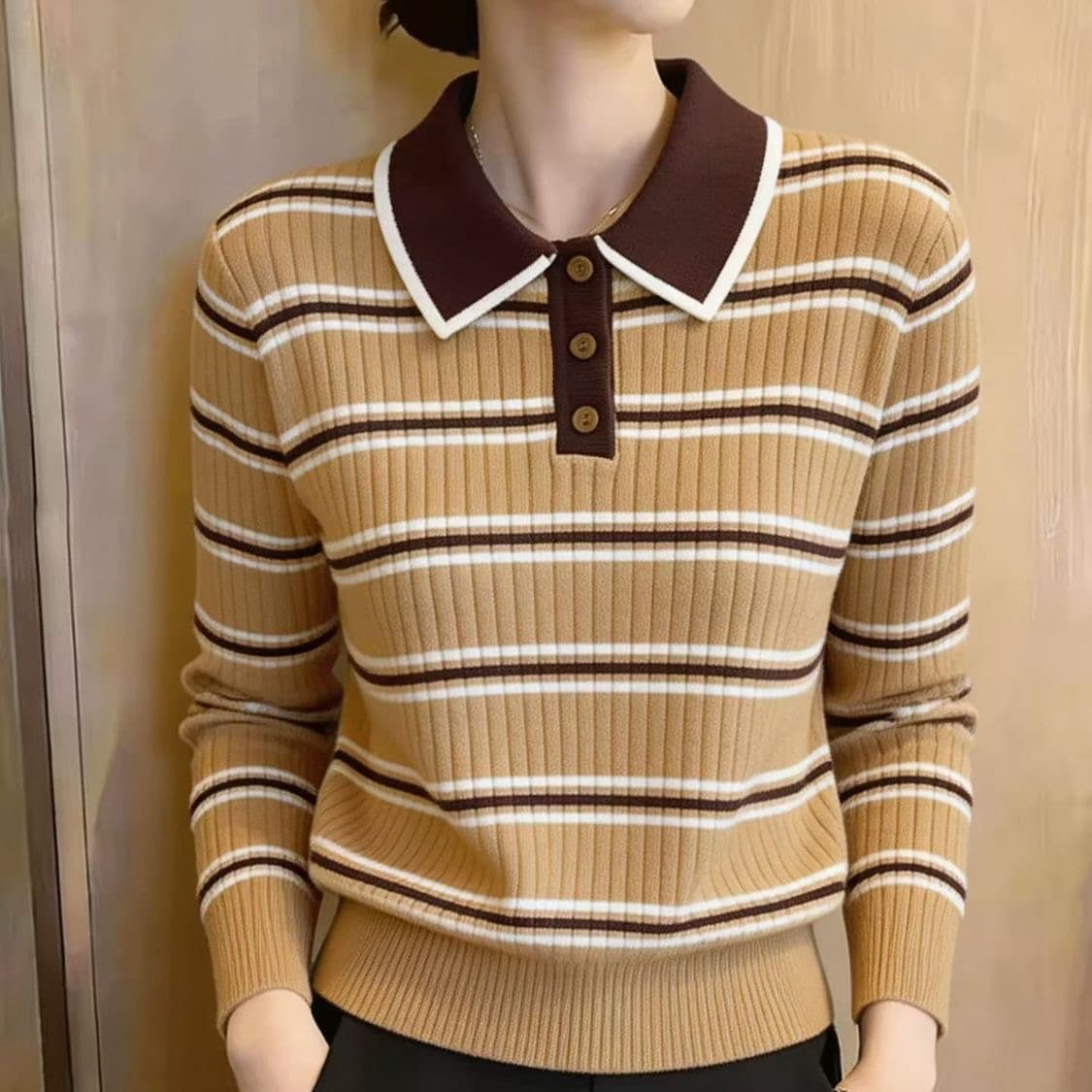 이른 가을 새로운 라운드 넥 스트라이프 POLO 칼라 긴팔 니트 스웨터 2026 가을 의상 패션 착용 가져 가라. 패치워크 색상 여성 셔츠 이미지 3