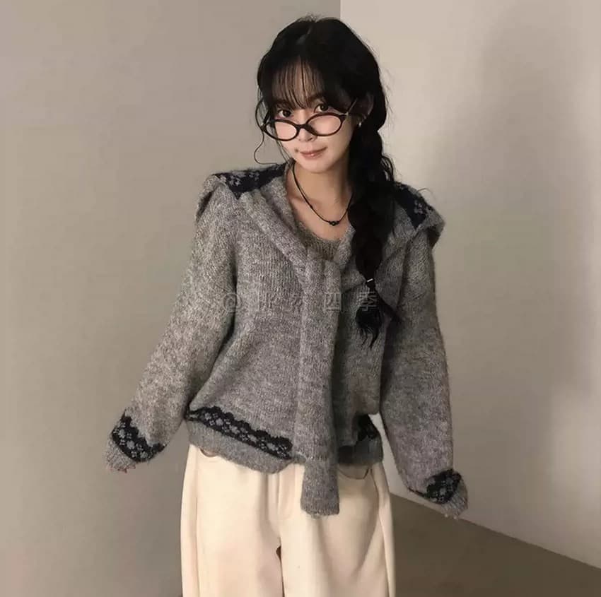 학원 스타일 해군 칼라 숄 V넥 니트 스웨터 여자 가을 겨울 새로운 작은 대중 레트로 자카드 느긋한 바람 맨위 상세 이미지 20