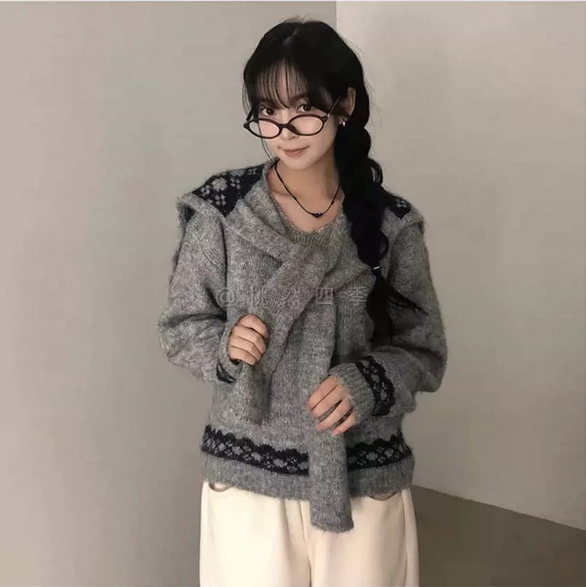 학원 스타일 해군 칼라 숄 V넥 니트 스웨터 여자 가을 겨울 새로운 작은 대중 레트로 자카드 느긋한 바람 맨위 상세 이미지 22