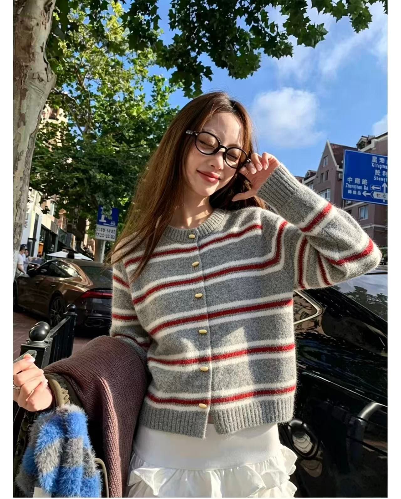 레트로 품격 스트라이프 라운드 넥 부서 버클 니트 오픈 가디건 여성 한 부서 분위기 센스 착용 가져 가라. 고급 센스 Chic 스웨터 이미지 2